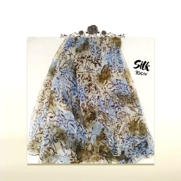 100% Silk Rectangle Long Scarf Sheer Blue Brown Floral Print Soft Lightweight - Picture 5 of 11
